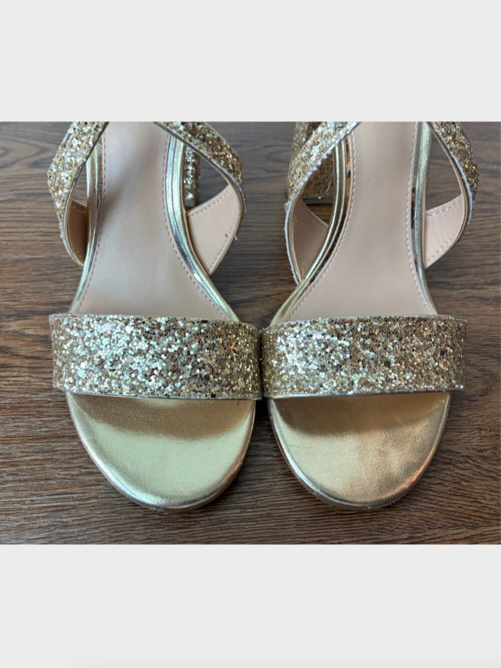 Jewel Badgley Mischka Cook Metallic Glitter Strappy Peep Toe Block Heel-Size 7.5 - Picture 5 of 8